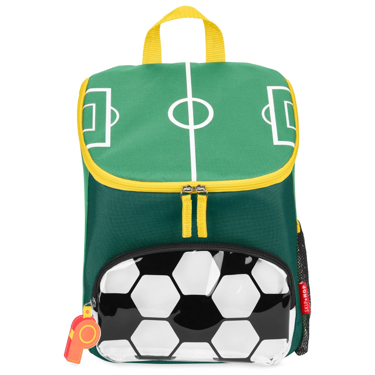 mochila escolar verde con diseño de campo de fútbol y parte inferior de balón